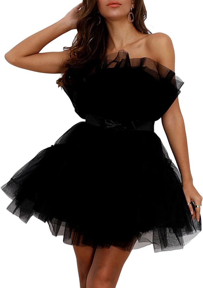 Women Tube Tulle Mini Dress Sexy Off Shoulder Lace Mesh Ruffle Tutu Short Dress Party Cocktail Go... | Amazon (US)