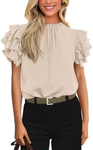 KIRUNDO Blouses for Women Dressy Casual 2026 Spring Summer Ruffle Short Sleeve Mock Neck Work Shi... | Amazon (US)
