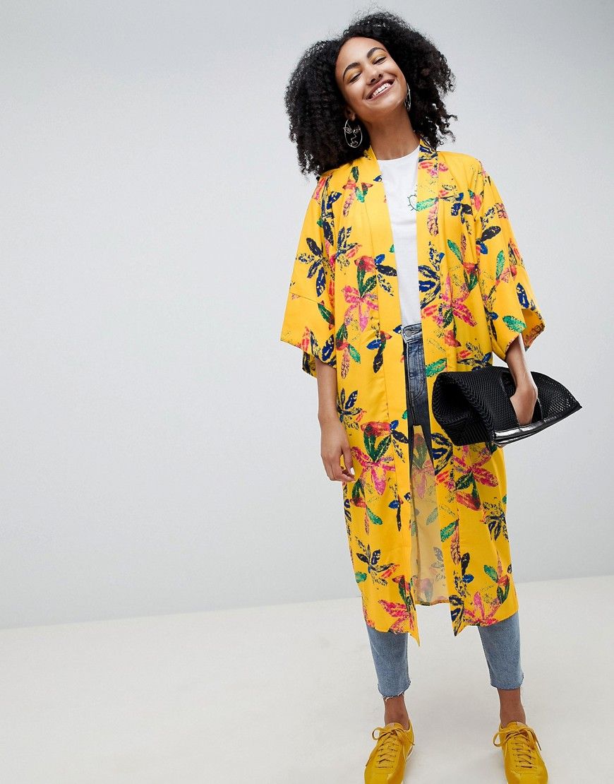 ASOS Made In Kenya x 2ManySiblings Longline Kimono In Yellow Floral - Multi | ASOS US