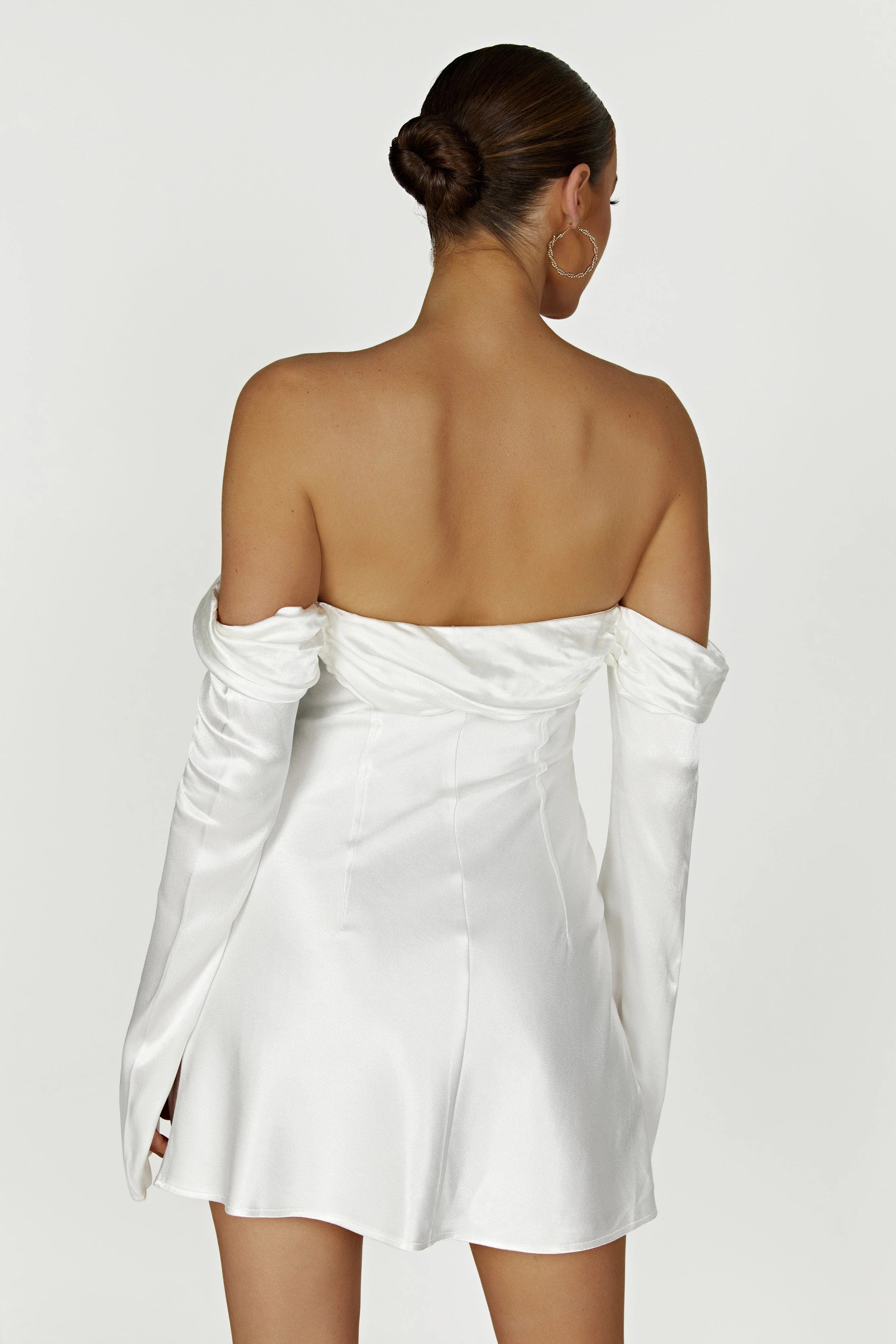 Giselle Off Shoulder Satin Mini Dress - White | MESHKI US