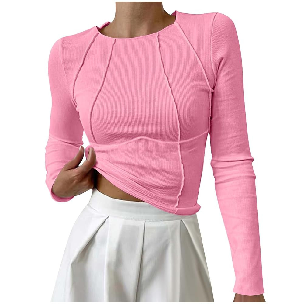 HGps8w Womens Chic Ruched T-Shirt Crewneck Casual Long Sleeve Workout Tops Fitted Going Out Tight... | Amazon (US)