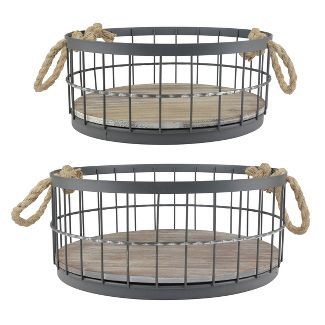 Set of 2 Round Metal Wire Cage and Wood Decorative Baskets with Handles - Stonebriar | Target