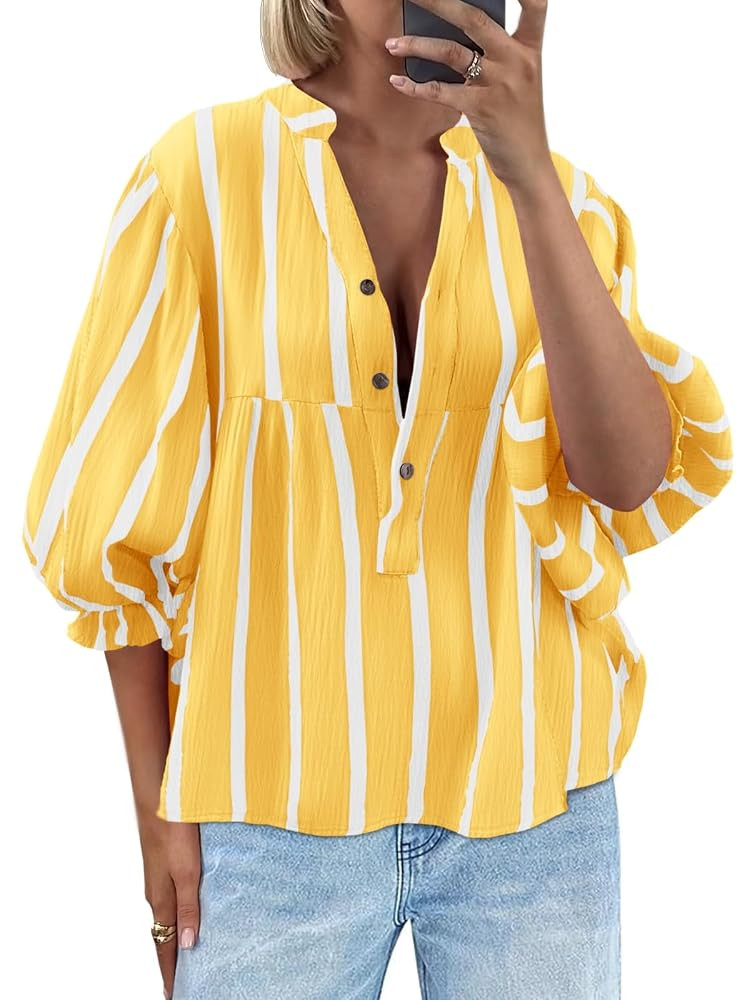 Tankaneo Womens Puff Sleeve Babydoll Tops Summer V Neck Striped Blouse Cute Casual Loose Fit Flow... | Amazon (US)