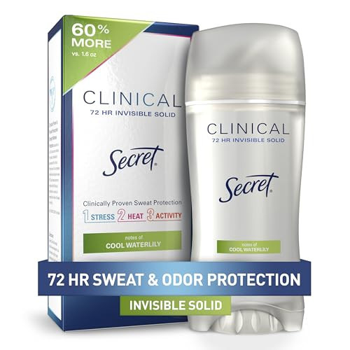 Secret Clinical Strength Antiperspirant Deodorant for Women, 3X Stress Protection, 72hr Sweat & Odor Protection, PH Balancing Minerals, Invisible Solid, Cool Waterlily Scent, 2.6 oz | Amazon (US)