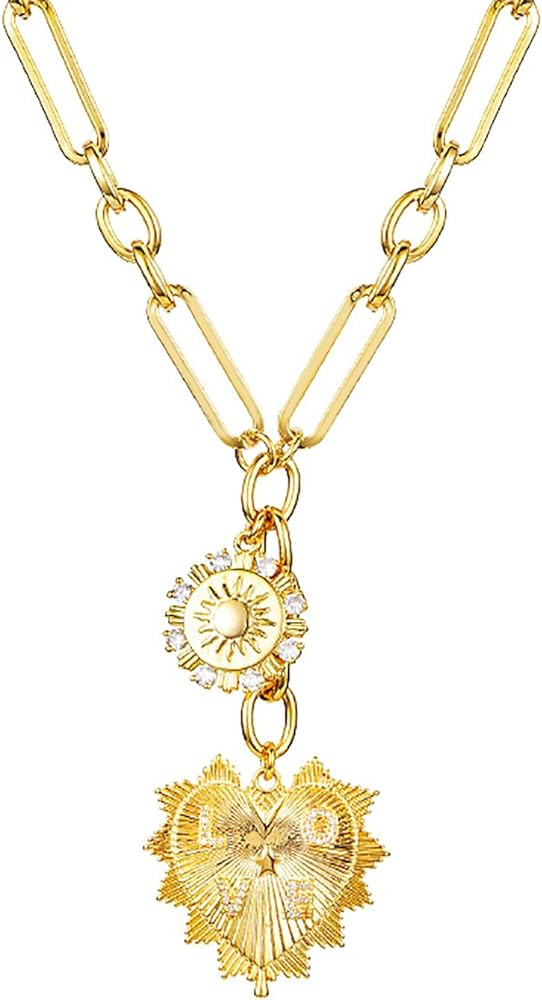 Sun Heart Charm Choker Necklace for Women Men,Golden Plated With Zircons Inlaid Pendants,Thick Ch... | Amazon (US)