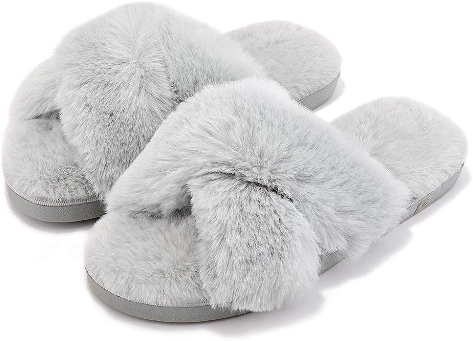 DL Womens Cross Band Soft Plush Slippers Furry Fleece Slip on Slippers Open Toe House Shoes Slide... | Amazon (US)