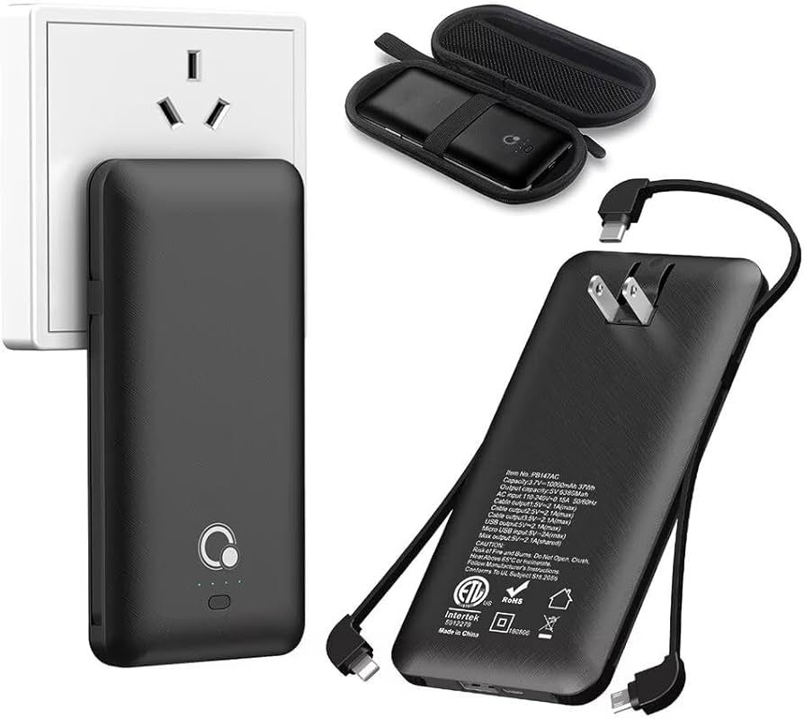 Q 10000mAh Power Bank, Slim Portable Charger,4 Output External Battery Pack with Built-in AC Wall... | Amazon (US)