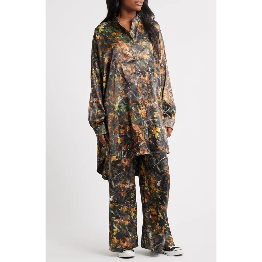 Dressed in Lala Camo Leaf Print Oversize Satin Button-Up Shirt & Pants Set at Nordstrom, Size Xx-Large | Nordstrom