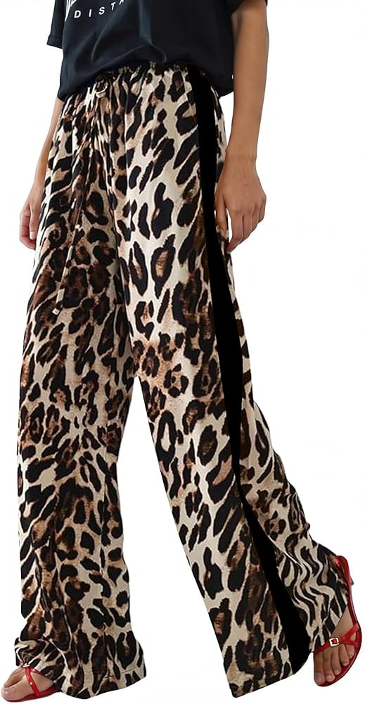Rapbin Womens Leopard Wide Leg Pants Flowy Side Striped Palazzo Trousers | Amazon (US)