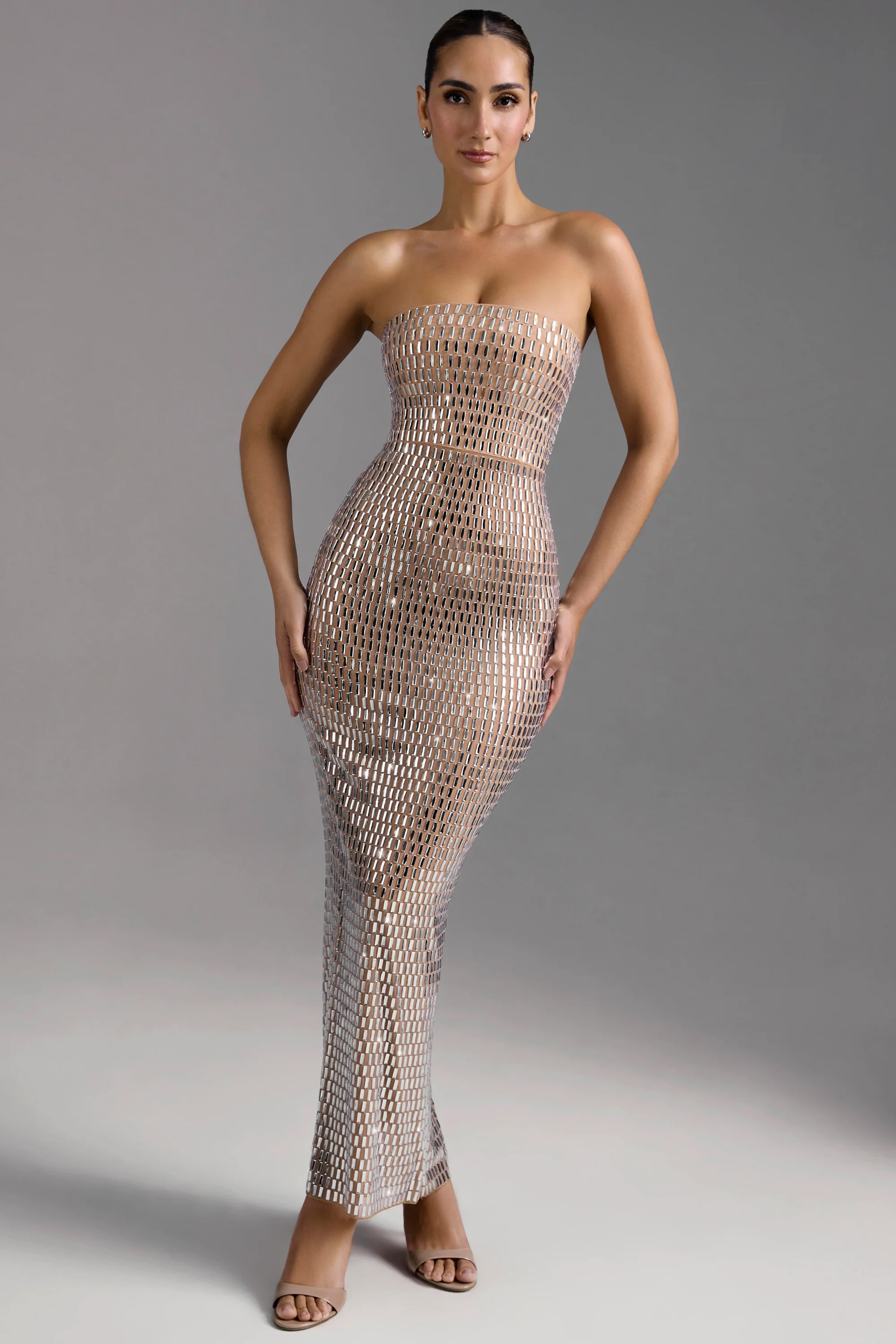 Embellished Bandeau Maxi Dress in Almond | Oh Polly