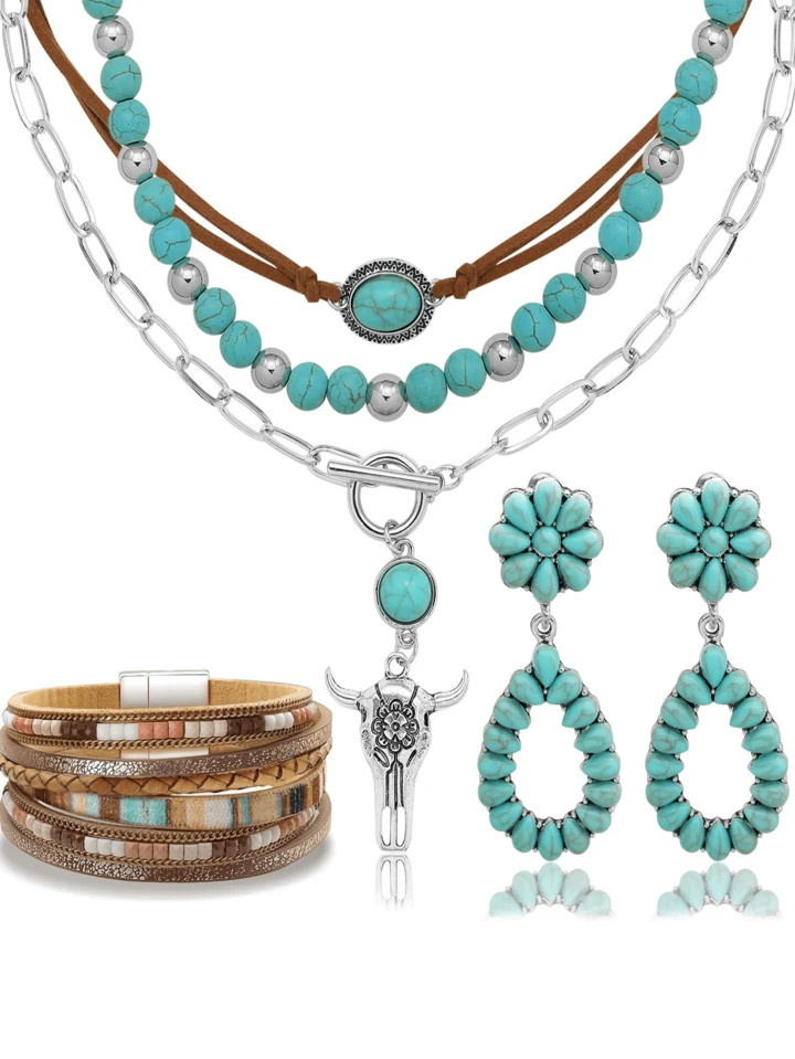 Yanxyad Turquoise Dangle Earrings Necklace Bracelet Set For Women, Western Jewelry For Women Bohe... | SHEIN
