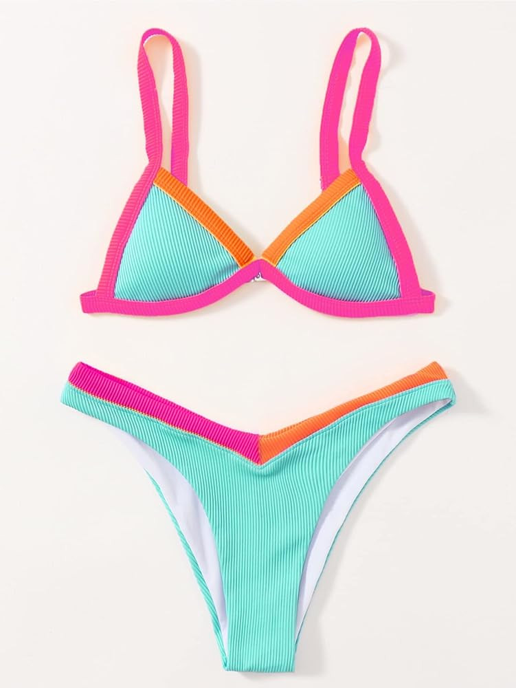 Romwe Women's 2 Piece Colorblock Triangle Bikini Set Contrast Binding Rib Knit Swimsuit Swimwear Bat | Amazon (US)