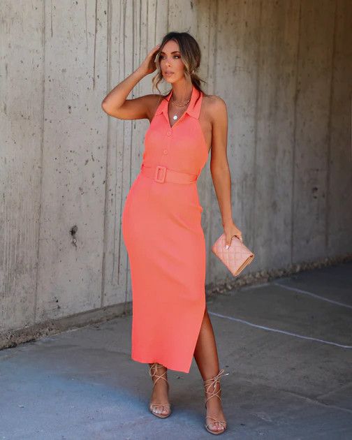 Crush On You Knit Belted Halter Maxi Dress - Orange - SALE | VICI Collection