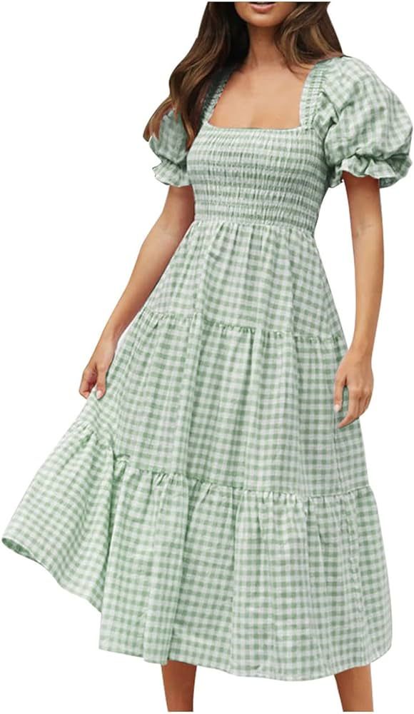 Womens Dresses Puff Sleeve Dress Bohemian Summer Casual Plaid Print Square Neck Ruffle Smocked Fl... | Amazon (US)