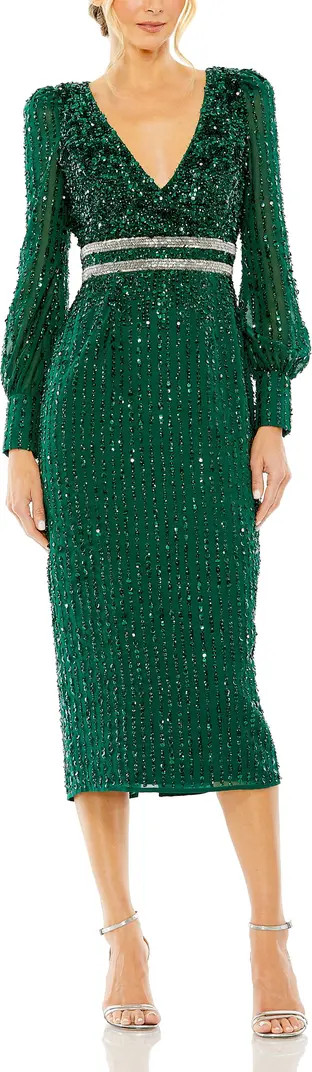V-Neck Sequined Overlay Gown with Long Bishop Sleeves and Embellished Waist | Nordstrom