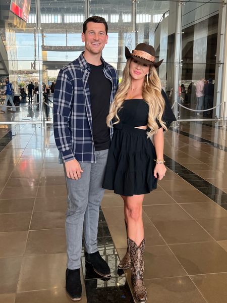 Country concert looks for him and her: black dress with short sleeves, square neckline, cut outs, and flattering a line fit with boots. Chelsea boots, denim, tee, and flannel (by Mizzen+Main use code sarahrose15 for 15% off your purchase through April 15th). Hat is from small business Topped Hats 

#LTKshoecrush #LTKmens #LTKFestival