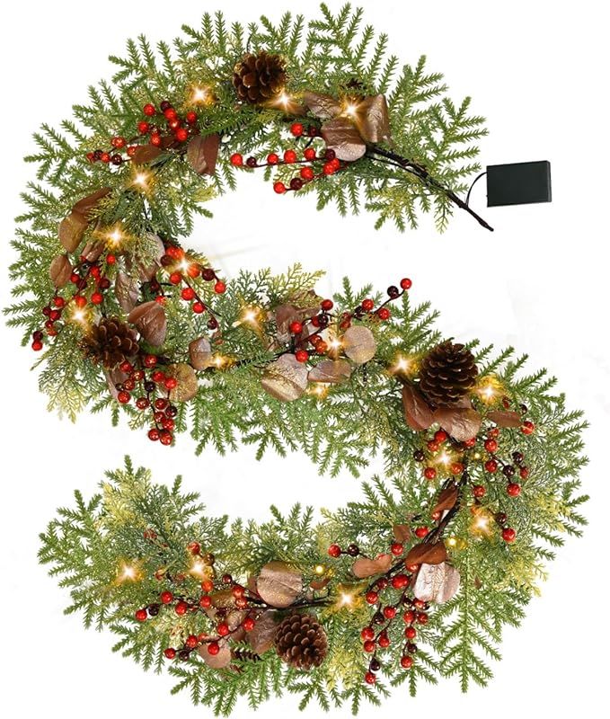Rocinha 6 FT Christmas Garland with Lights, Red Berry & Pine Cones, Prelit Garland Battery Operat... | Amazon (US)