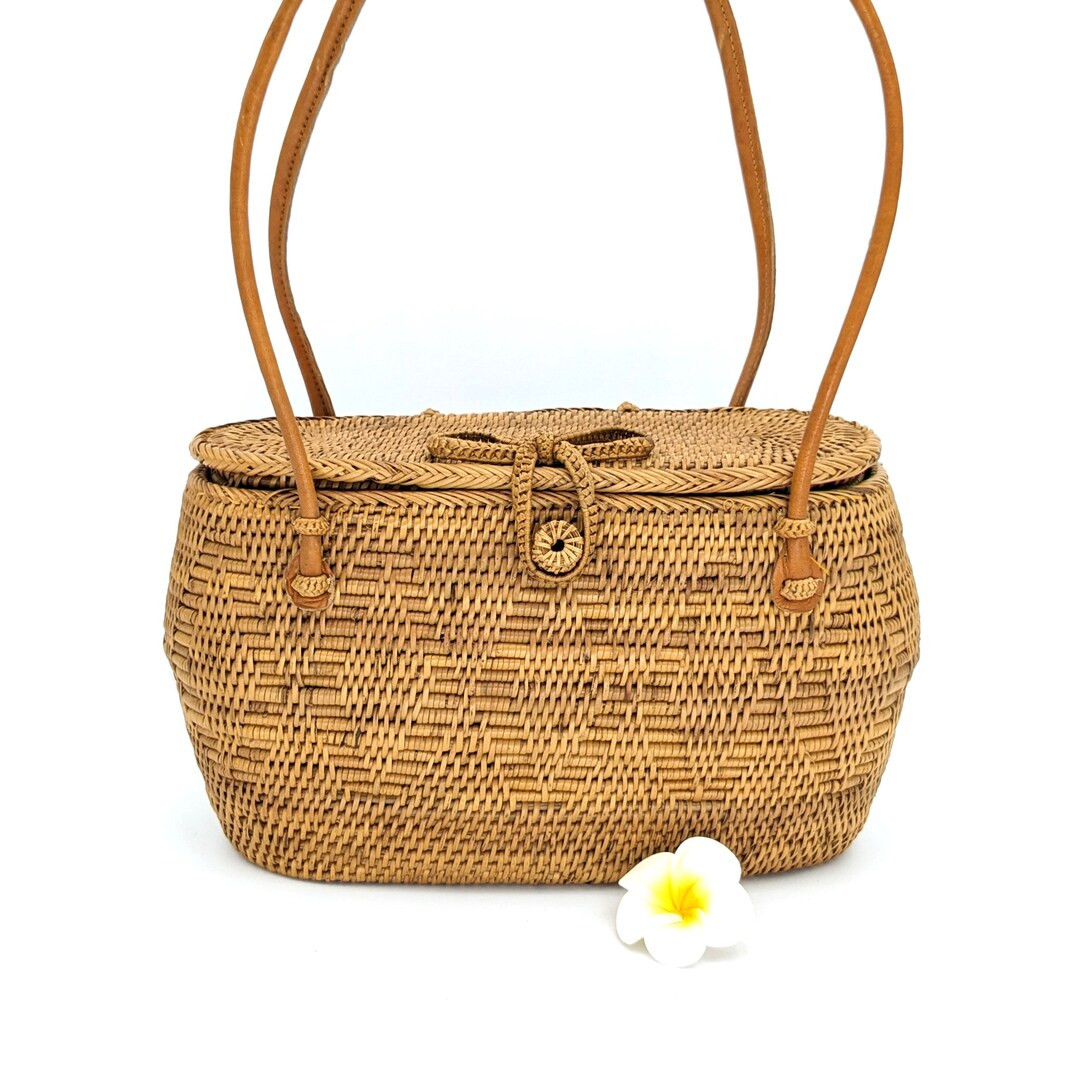 Woven Rattan Basket Bag With Lid, Straw Baquette Bag With Lid, Wicker Handbag, Summer Handbag, Bo... | Etsy (US)