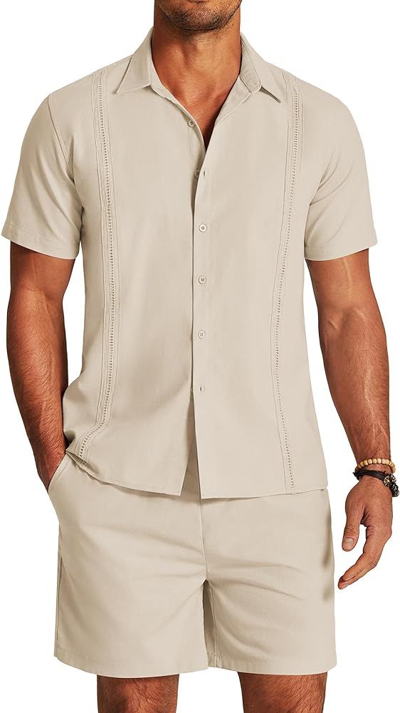 COOFANDY Men 2 Piece Linen Set Beach Guayabera Outfit Button Down Shirt and Short | Amazon (US)