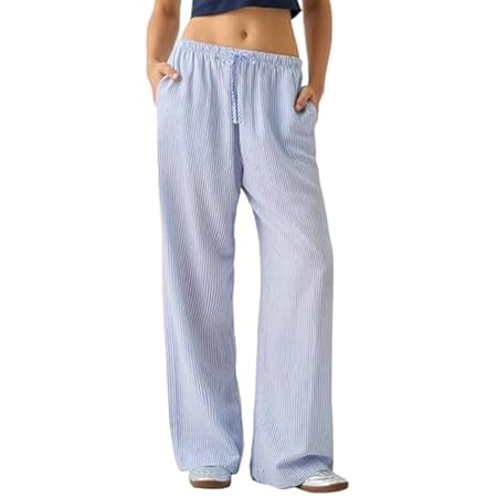 HOXIJIA Women Casual Striped Print Long Pants Elastic High Waist Loose Fit Straight Wide Leg Trou... | Amazon (US)