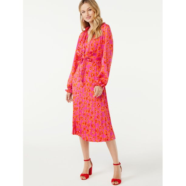 Scoop Women's Long Sleeve Split Neck Pleated Midi Dress - Walmart.com | Walmart (US)