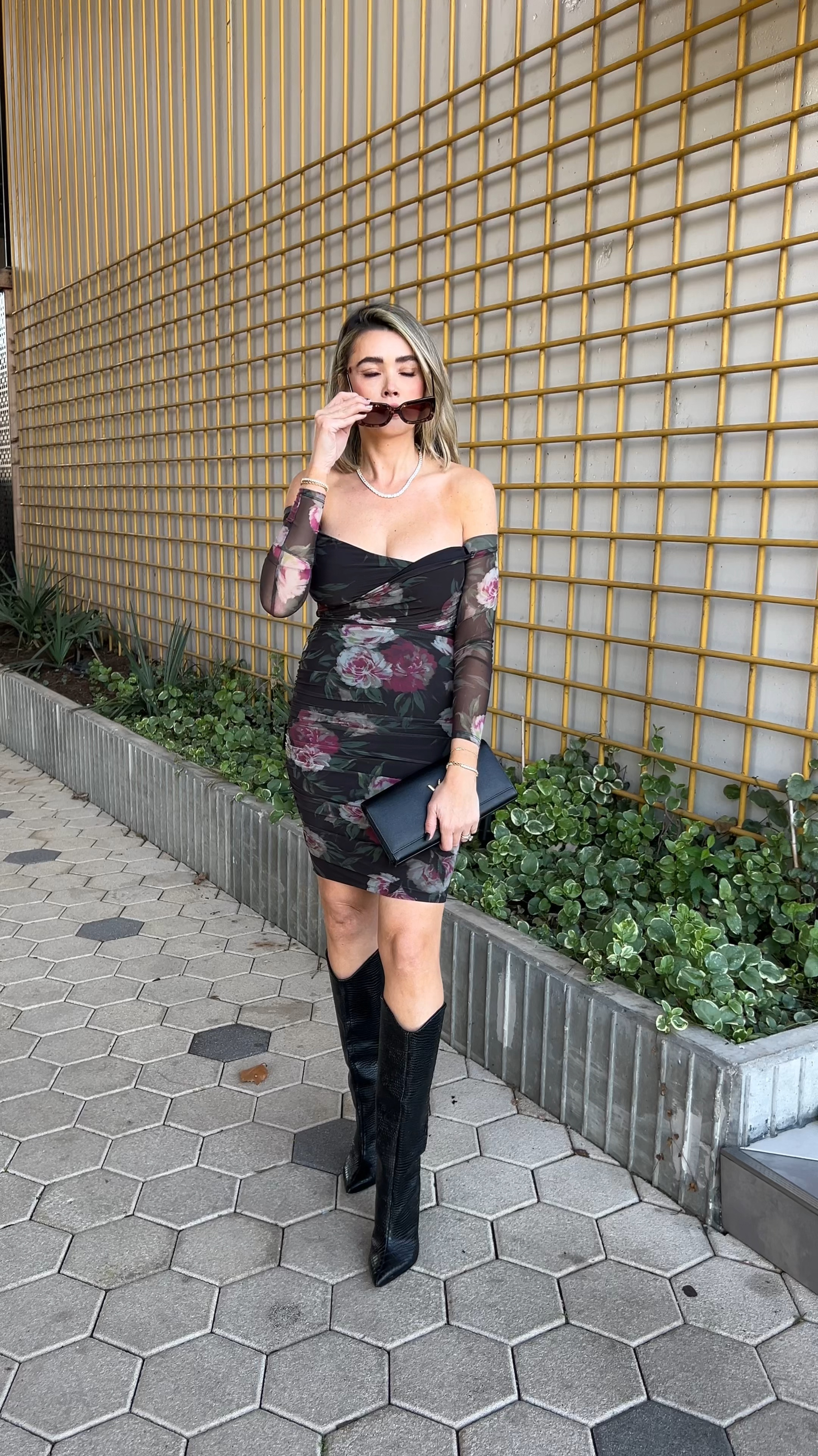 That date night look! This dress is stretchy and ruched so very flattering. My boots fit tts and my diff sunglasses are 50% off. Use code Janie10 for 10 off my beautiful diamond like jewelry from Melinda Maria! 

#LTKGiftGuide #LTKstyletip #LTKfindsunder100