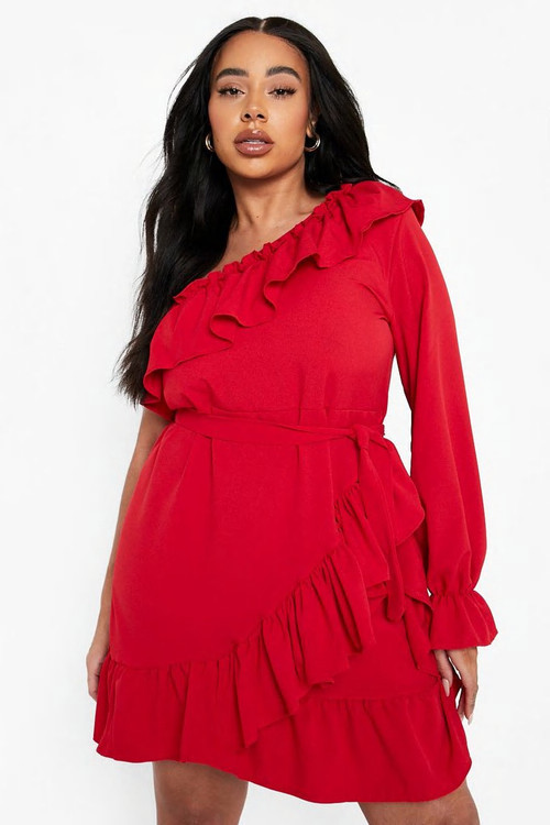 Plus One Shoulder Ruffle Tie Waist Dress | Boohoo.com (US & CA)