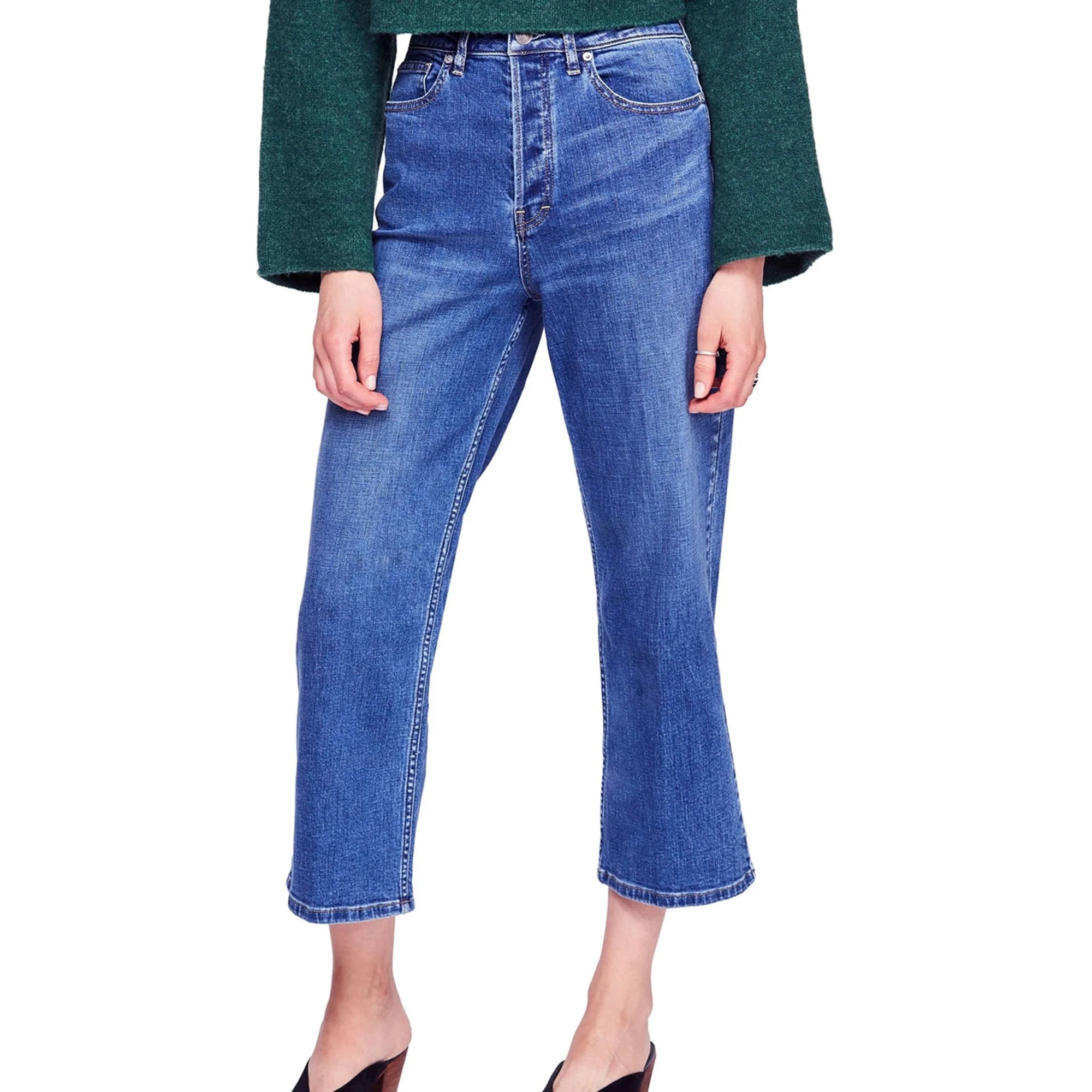 Free People Womens Solid Wide Leg Cropped Jeans, Blue, 29 | Walmart (US)