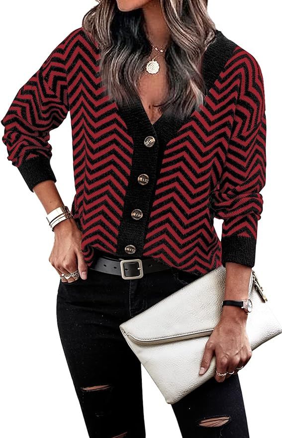 Zonsaoja Women Long Sleeve Cardigans Open Front Stripes Knit Sweater Button Outwear | Amazon (CA)