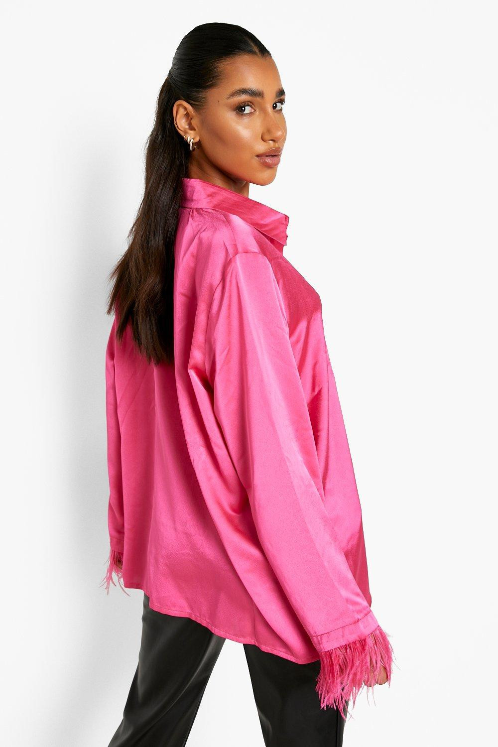 Pink Feather Cuff Satin Shirt | Boohoo.com (UK & IE)