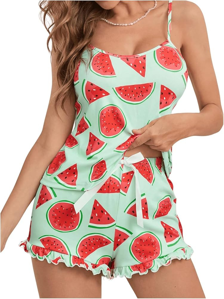 Floerns Women's Graphic Print Camisole Top Lettuce Trim Shorts Pajama Set 2 Piece | Amazon (US)