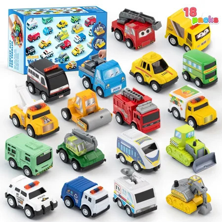 Joyfy 18 Pcs Friction Pull Back Play Car and Trucks Toy Vehicles Set for Toddler 1 3, Party Favors and Mini Excavator Toy Trucks, Christmas Birthday Gifts for Kid 2 4 | Walmart (US)
