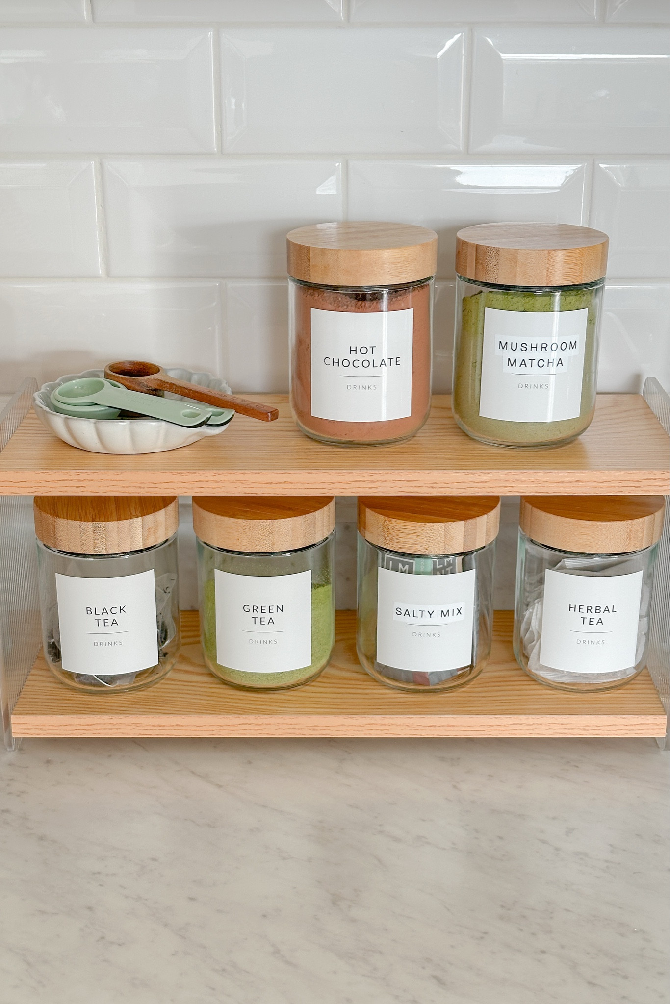 The cutest bamboo shelves for a coffee and tea station! I paired them with glass jars to hold matcha, hot chocolate, tea bags, and drink mixes. 🍵 

#LTKU #LTKSeasonal #LTKHome