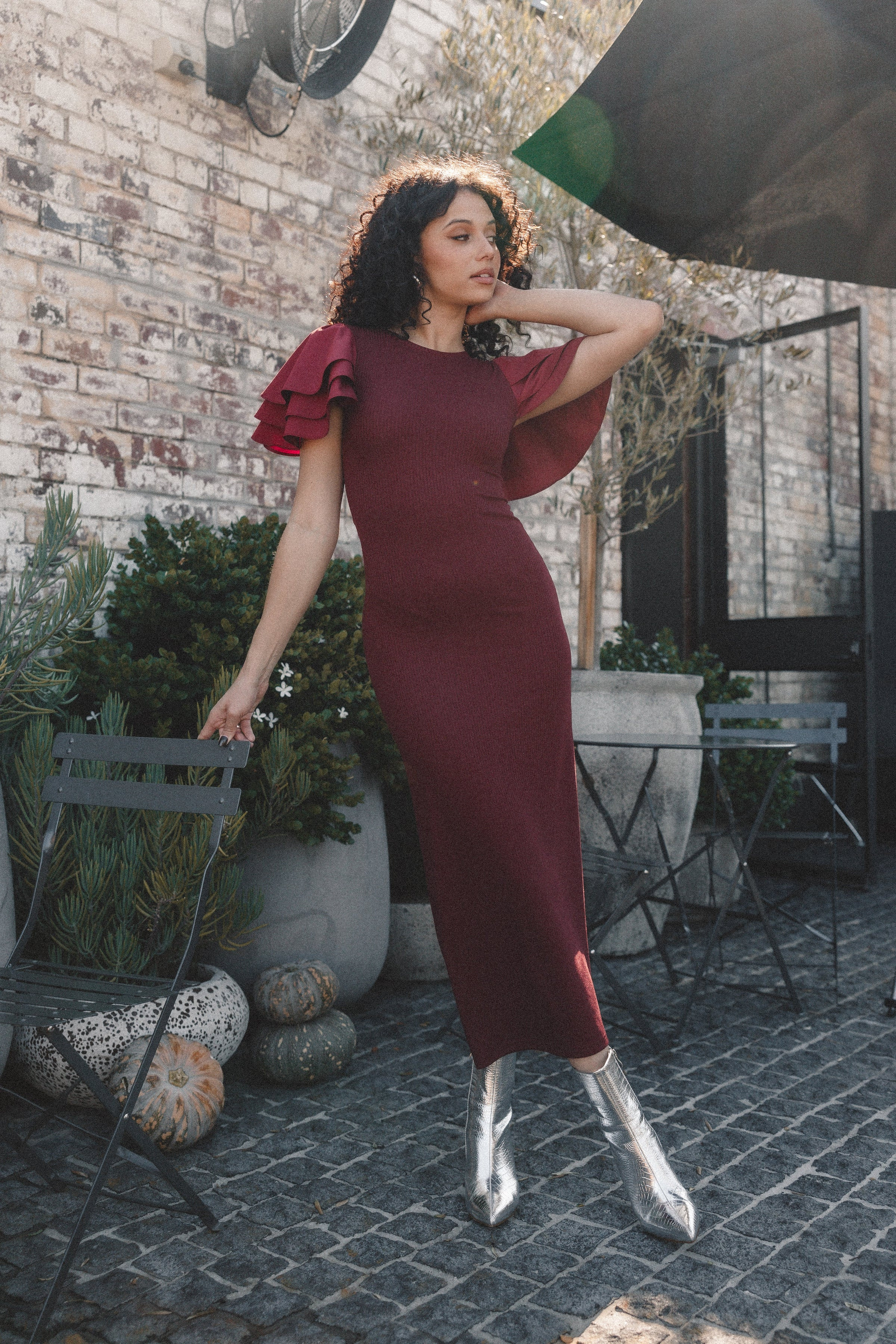 Cally Ruffle Sleeve Midi Dress - Wine | Petal & Pup (US)