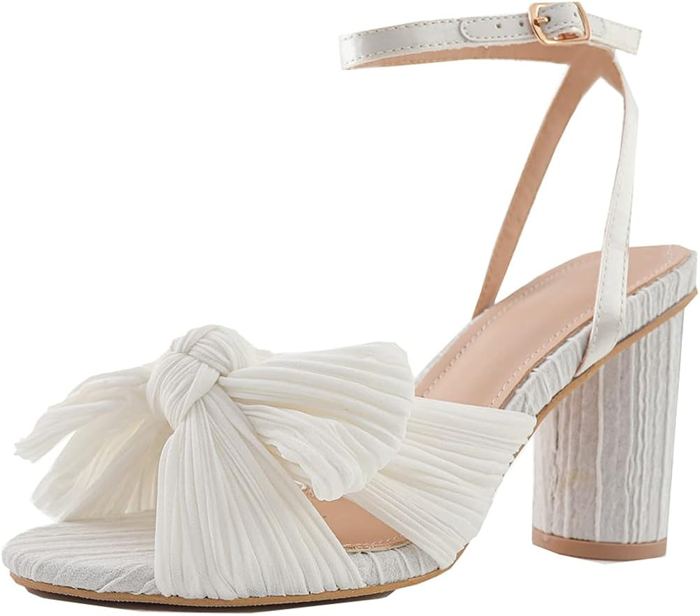 Pleated Bow High Block Chunky Heel Sandals for Women Open Toe Ankle Buckle Strap Heeled Sandals B... | Amazon (US)
