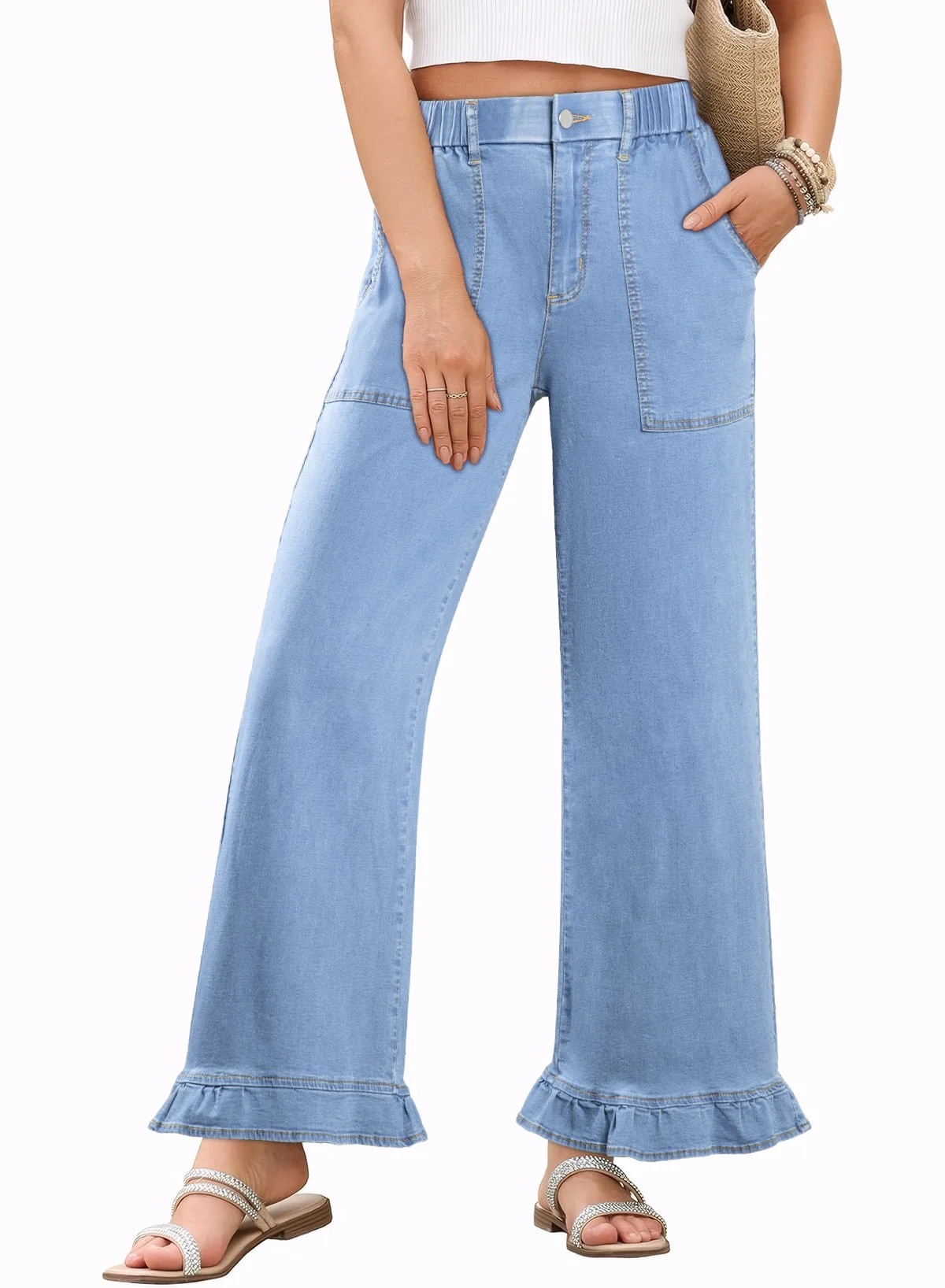 DOKOTOO Jeans for Women High Waisted Wide Leg Jeans with Ruffle Hem Trendy Stretchy Denim Loose P... | Walmart (US)
