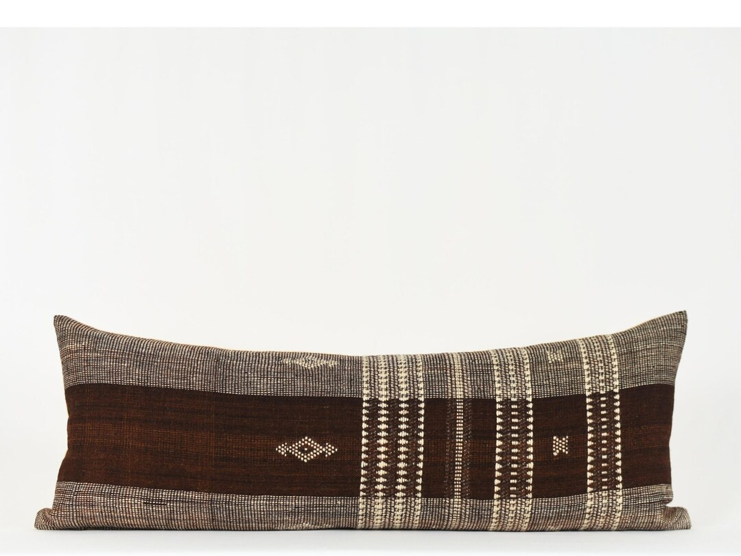 Handwoven Wool Lumbar Pillow: Brown Striped Bolster with Linen Back | Etsy (US)