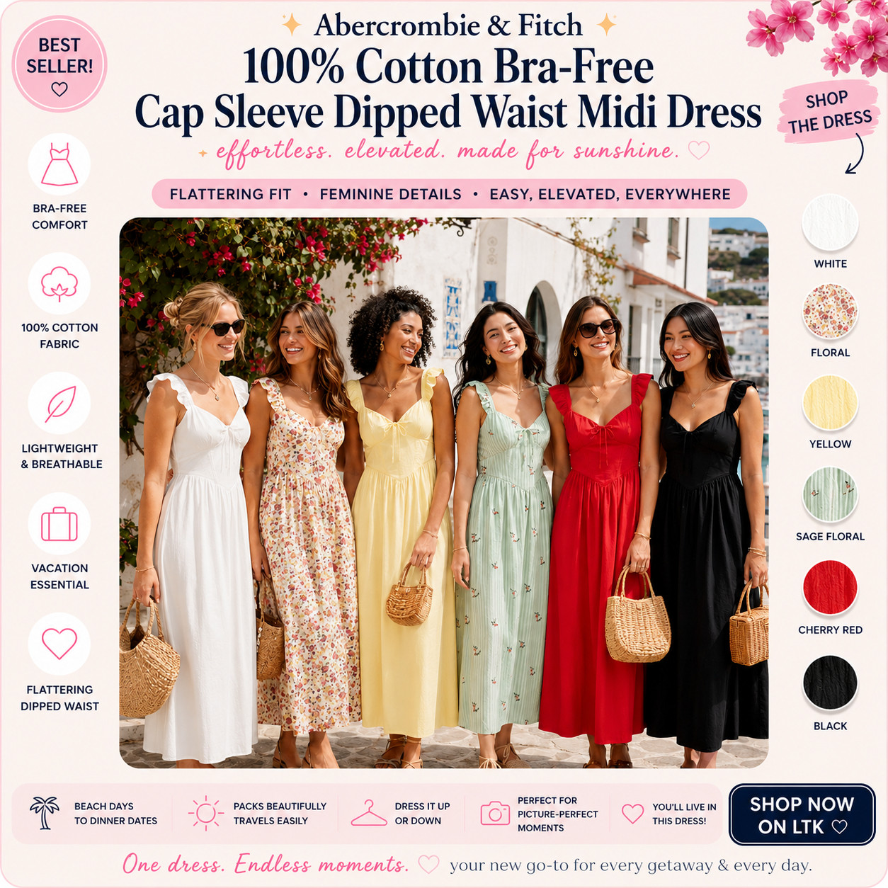 @abercrombie & Fitch Summer Chic | 100% Cotton Bra-Free Cap Sleeve Dipped Waist Midi Dresses

The Abercrombie midi dress that makes summer outfits feel feminine, flattering, and instantly vacation-ready ☀️ 

This 100% cotton bra-free dipped waist midi dress is such a strong warm-weather staple if you want something breathable, polished, and easy to wear from daytime plans to dinner.

The bra-free comfort, cap sleeves, dipped waist detail, lightweight cotton feel, and flattering feminine shape make it look elevated without feeling fussy.

What I love about this one is that it feels effortless but still so pretty!!

It’s perfect for beach dinners, vacation photos, brunch, bridal events, summer parties, resort outfits, travel days, and any warm-weather plan where you want one easy dress that still feels special.

The colors make this edit so shoppable — white feels clean and classic, floral feels feminine, yellow feels sunny, sage floral feels soft, cherry red feels bold, and black feels timeless.

Style it with raffia bags, flat sandals, wedges, gold jewelry, sunglasses, or a lightweight cardigan for an easy elevated summer look.

I did the digging for you — if you want one Abercrombie dress that feels breathable, flattering, packable, and polished enough to wear on repeat, this is the one I’d check before the best-selling colors move.

📌 SAVE this for vacation outfits, summer dresses, and elevated Abercrombie finds.

↓ Everything is linked!

#LTKxAbercrombie #LTKSaleAlert #LTKTravel