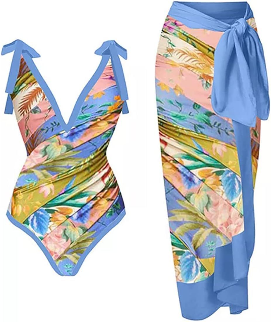 IDOPIP Women's One Piece Swimsuit with Beach Cover up Wrap Skirt Sarong Retro Floral Print Bikini Se | Amazon (US)