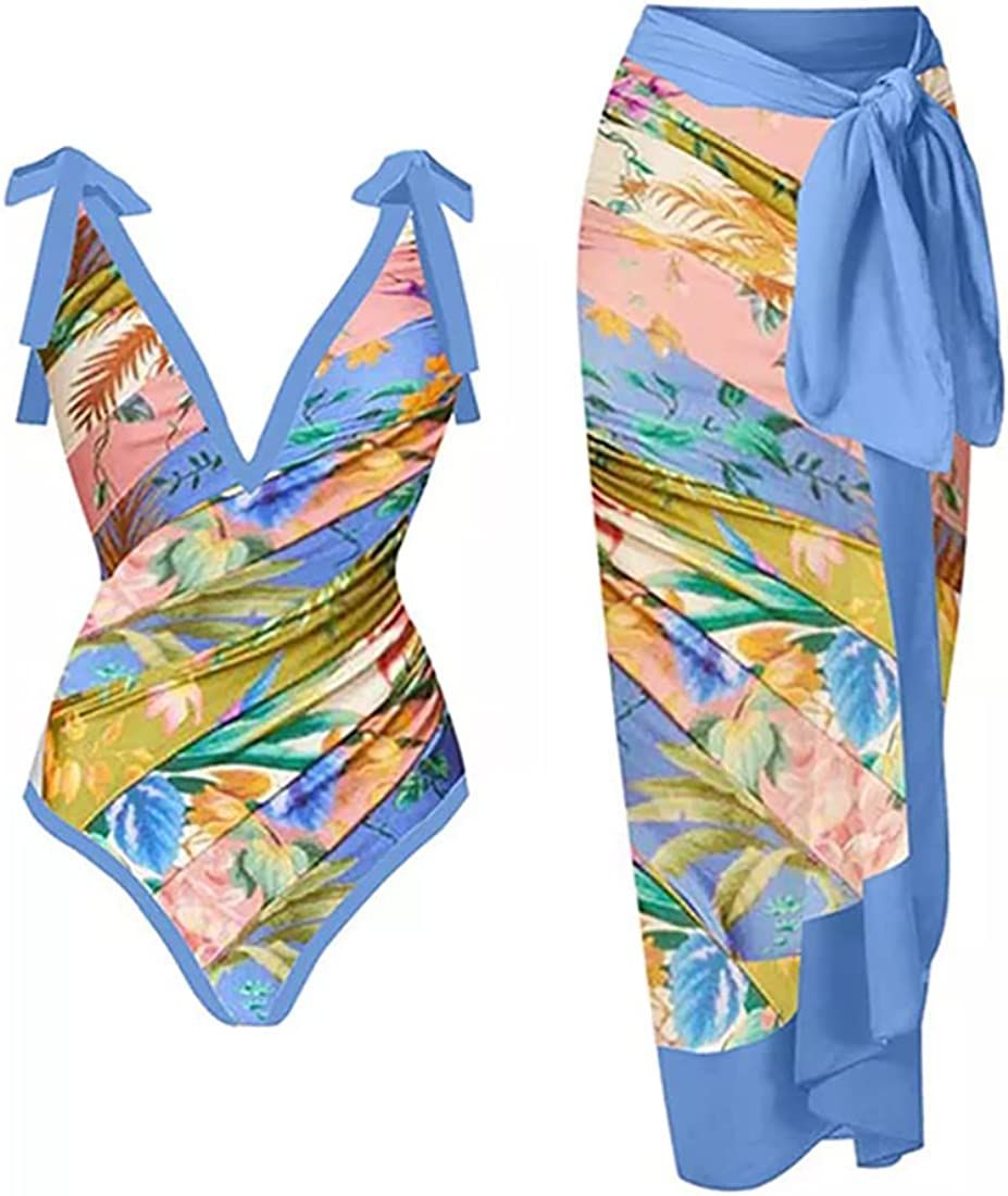 IDOPIP Women's One Piece Swimsuit with Beach Cover up Wrap Skirt Sarong Retro Floral Print Bikini Se | Amazon (US)