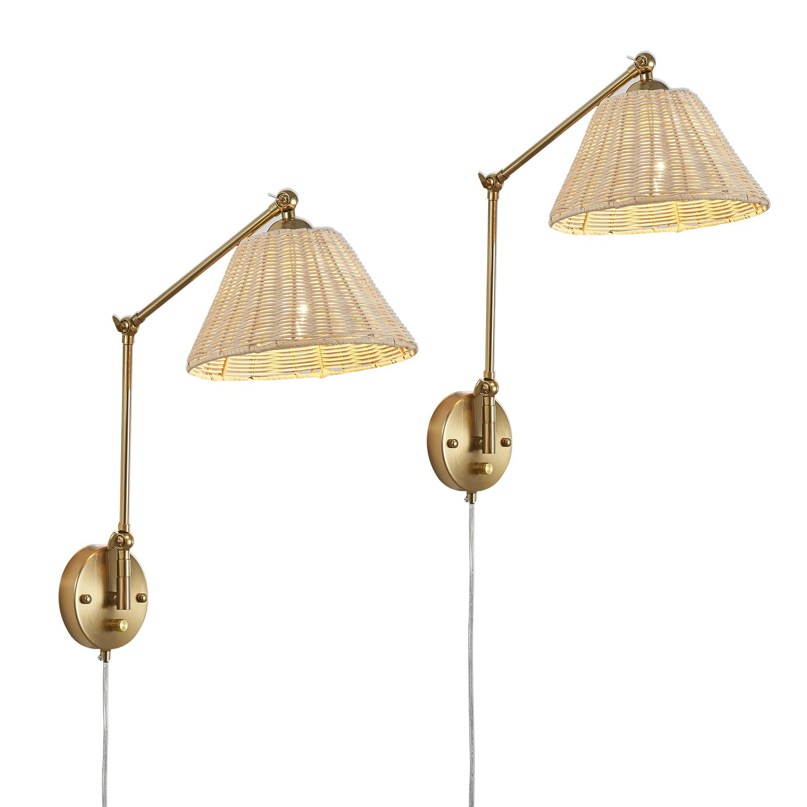 Gold Dimmable Plug in Wall Sconces Set of 2 with Swing Arm, Hand Woven Rattan Wall Sonce Light Fi... | Amazon (US)