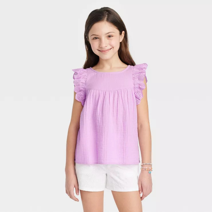 Girls' Ruffle Sleeve Woven Shirt - Cat & Jack™ | Target