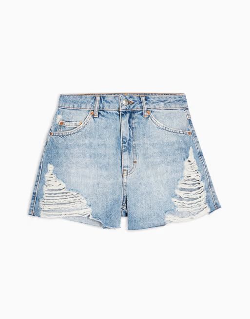 Topshop super-rip denim mom shorts in mid wash blue | ASOS (Global)