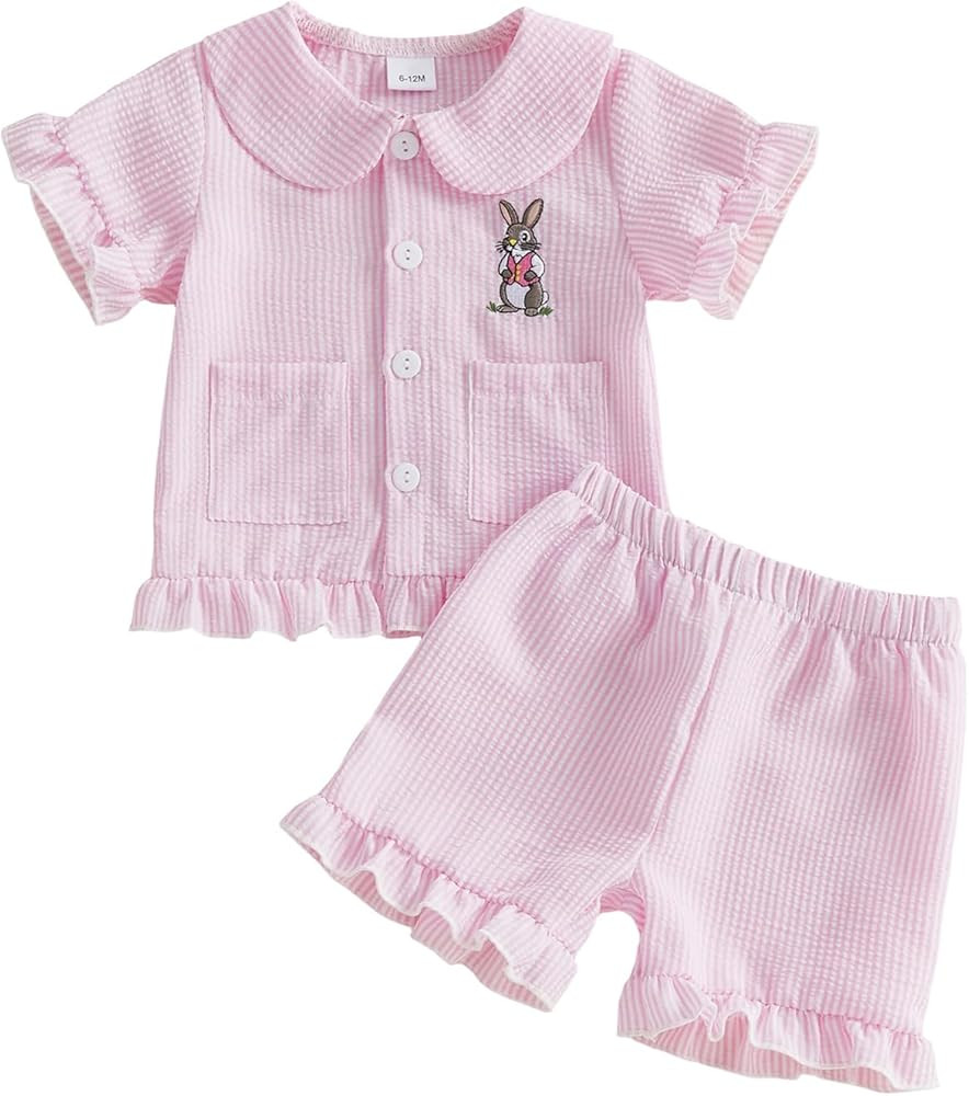 Toddler Baby Girl Boy Easter Pajamas Rabbit Stripe Print Lapel Button Shirt Shorts Kids Bunny PJs... | Amazon (US)
