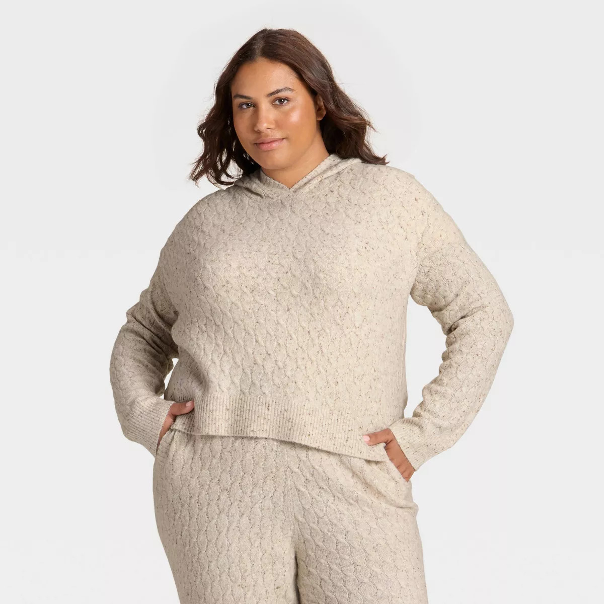 Women's Cashfeel Cable Knit Hooded Pullover Sweater - Auden™ Heather Oat 2X | Target