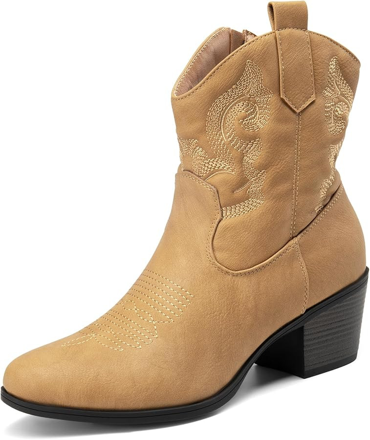 DREAM PAIRS Women's Western Cowboy Cowgirl Embroidered Ankle Boots Fashion Low chunky Heel Round ... | Amazon (US)