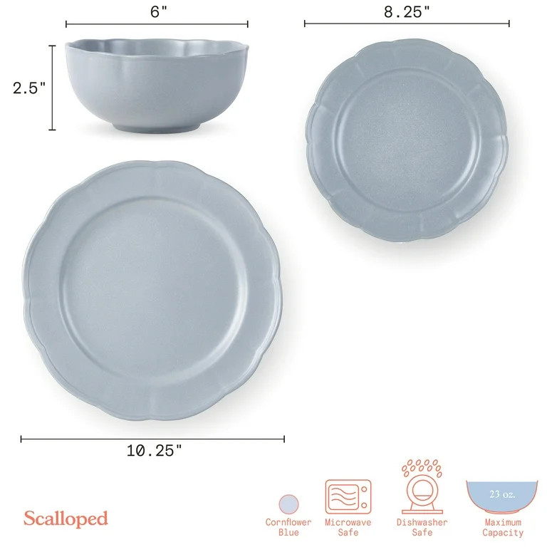 Beautiful Scallop Stoneware Dinnerware 12 Piece Set Cornflower Blue by Drew Barrymore | Walmart (US)