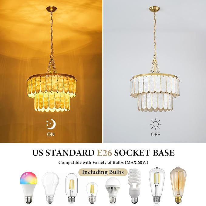 Gold Oyster Capiz Shell Chandelier: Natural Seashell Alabaster Chandeliers - Modern Coastal Dimma... | Amazon (US)