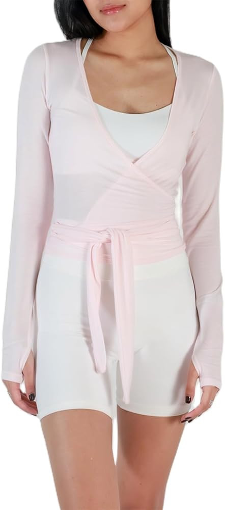 Women Cross Wrap Tops Long Sleeve Deep Veck Tie Front Crop Top Slim Fit Solid Color Workout Balle... | Amazon (US)