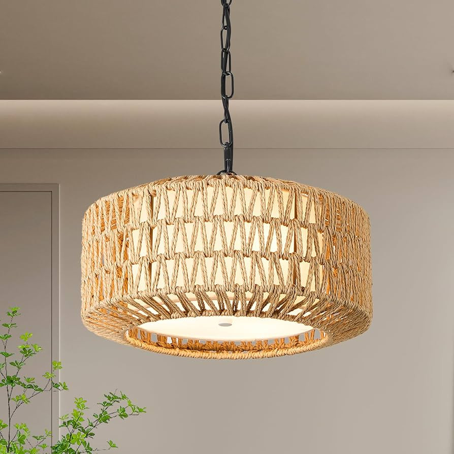 Boho Chandelier Light Fixture 12 Inch Adjustable Rustic Large Hand Woven Rattan Pendant Light 3 L... | Amazon (US)